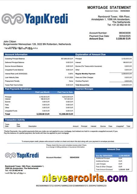 Netherlands Yapi Kredi Bank Nederland mortgage statement Word and PDF template